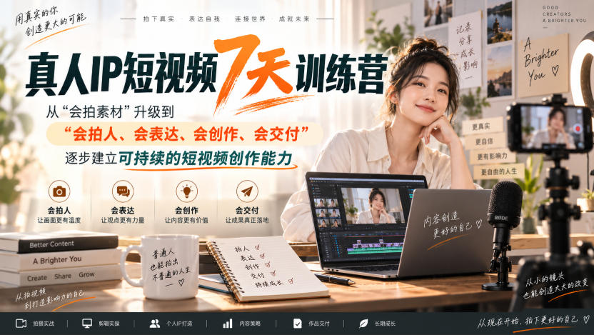 真人IP短视频7天训练营,从“会拍素材”升级到“会拍人、会表达、会创作、会交付”,逐步建立可持续的短视频创作能力-网赚副业网