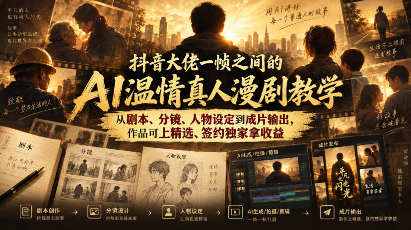 抖音大佬一帧之间的AI温情真人漫剧教学,从剧本、分镜、人物设定到成片输出,作品可上精选、签约独家拿收益-网赚副业网