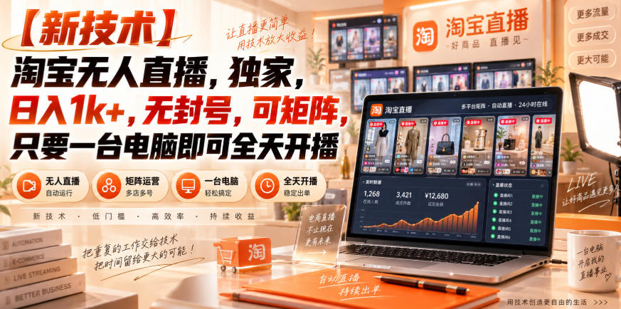 【独家新技术】淘宝无人直播,日入1k+,无封号,可矩阵,只要一台电脑即可全天开播【揭秘】-网赚副业网