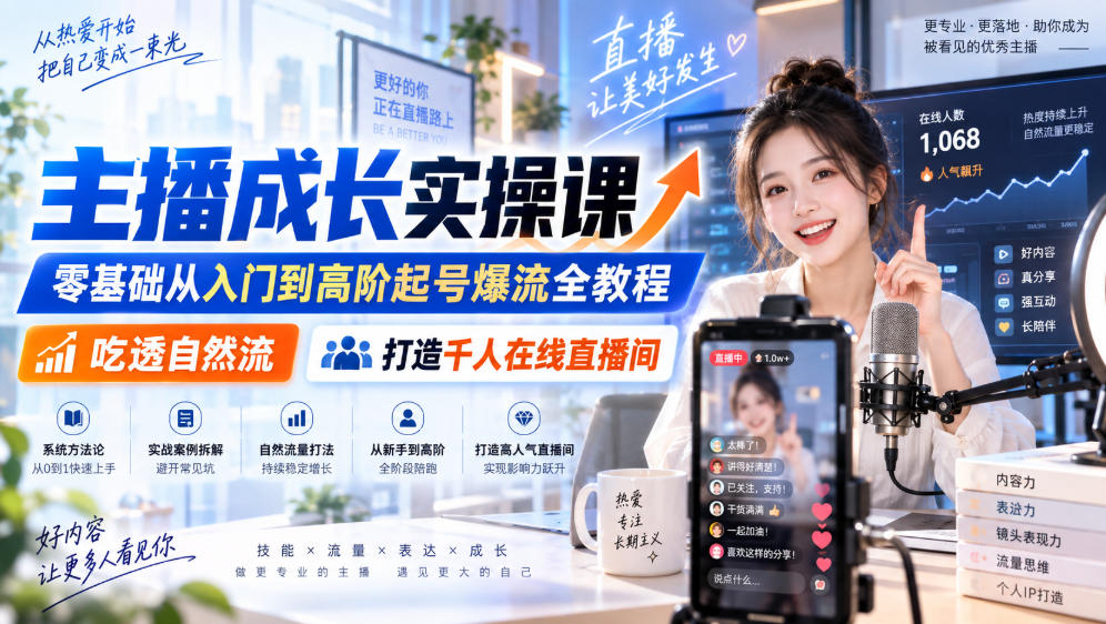 主播成长实操课｜零基础从入门到高阶起号爆流全教程，吃透自然流，打造千人在线直播间-网赚副业网