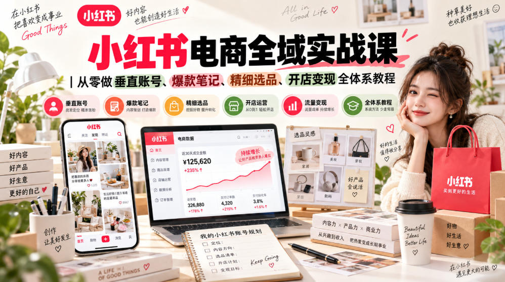 小红书电商全域实战课|从零做垂直账号、爆款笔记、精细选品、开店变现全体系教程-网赚副业网