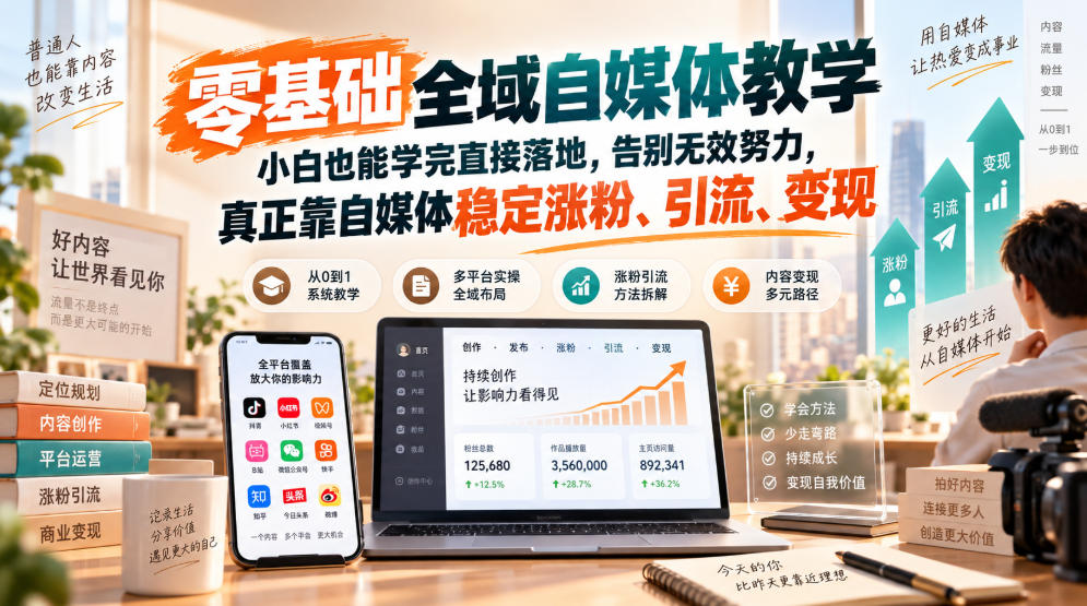 零基础全域自媒体教学,小白也能学完直接落地,告别无效努力,真正靠自媒体稳定涨粉、引流、变现-网赚副业网