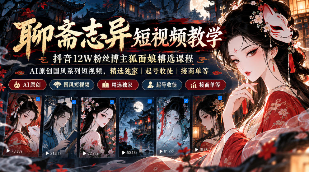 聊斋志异短视频教学,抖音12W粉丝博主狐面娘精选课程,AI原创国风系列短视频,精选独家丨起号收徒丨接商单等-网赚副业网
