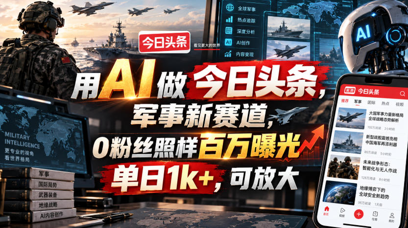用AI做今日头条，军事新赛道，0粉丝照样百万曝光，单日1k+，可放大-网赚副业网