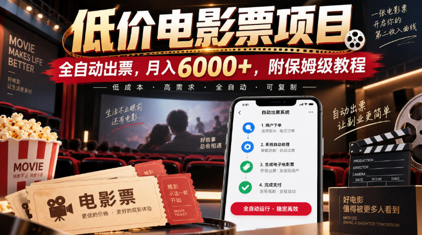 低价电影票项目,全自动出票,月入6000+,附保姆级教程【揭秘】-网赚副业网