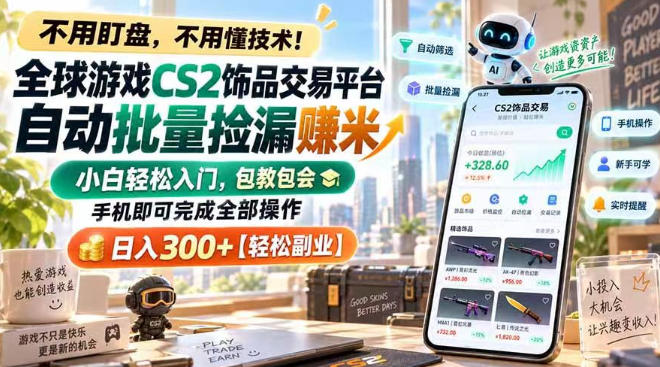 全球游戏CS2饰品交易平台自动批量捡漏賺米，小白轻松入门，包教包会，手机即可完成全部操作，日入300+【揭秘】-网赚副业网