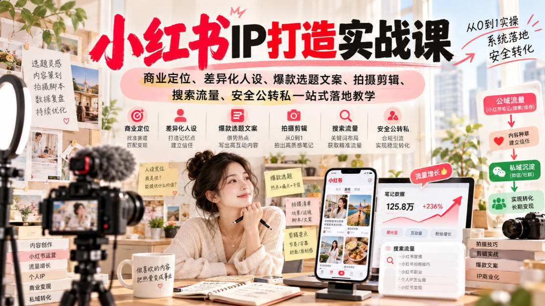 小红书ip打造实战课，商业定位、差异化人设、爆款选题文案、拍摄剪辑、搜索流量、安全公转私一站式落地教学-网赚副业网
