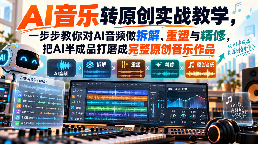 AI音乐转原创实战教学,一步步教你对AI音频做拆解、重塑与精修,把AI半成品打磨成完整原创音乐作品-网赚副业网