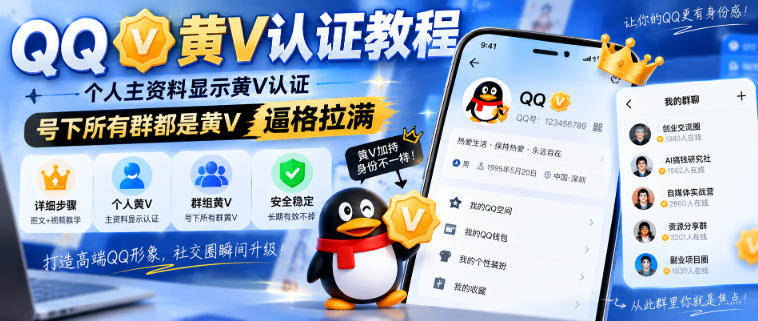 QQ黄V认证教程,个人主资料显示黄V认证,号下所有群都是黄V,逼格拉满-网赚副业网