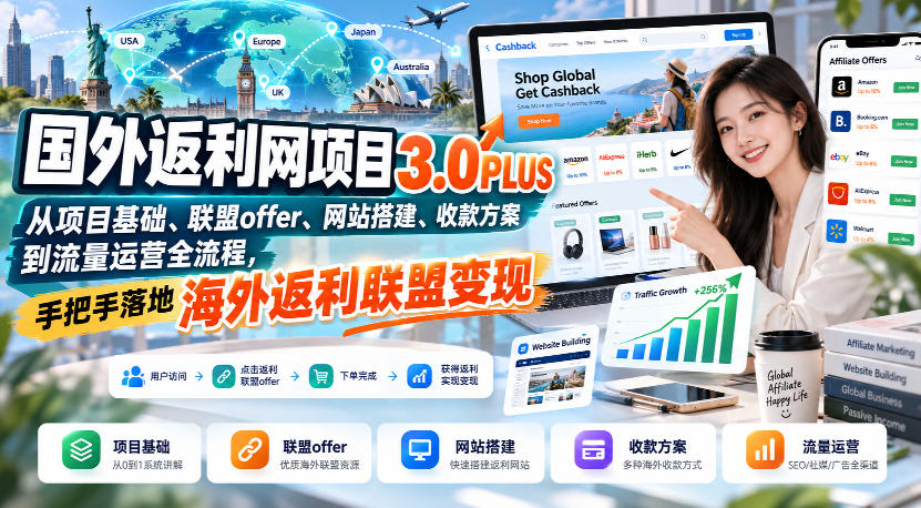 国外返利网项目3.0PLUS,从项目基础、联盟offer、网站搭建、收款方案到流量运营全流程,手把手落地海外返利联盟变现-网赚副业网