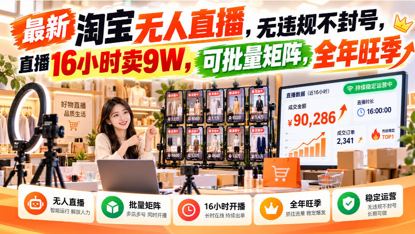 最新淘宝无人直播，无违规不封号，直播16小时卖9W，可批量矩阵，全年旺季【揭秘】-网赚副业网