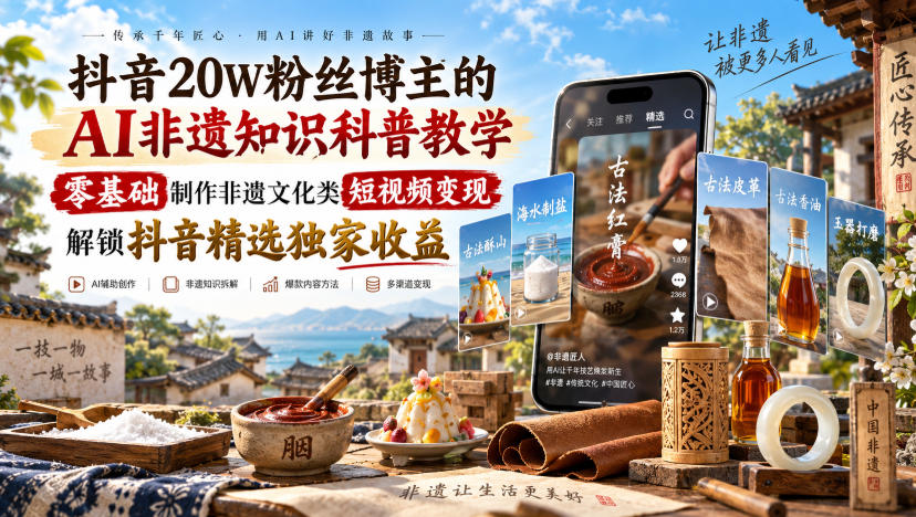 抖音20W粉丝博主的AI非遗知识科普教学，零基础制作非遗文化类短视频变现，解锁抖音精选独家收益-网赚副业网