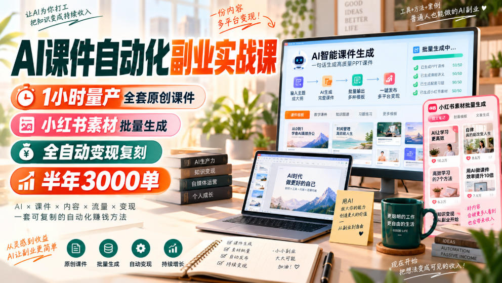 AI课件自动化副业实战课,1小时量产全套原创课件,小红书素材批量生成,全自动变现复刻,半年3000单-网赚副业网