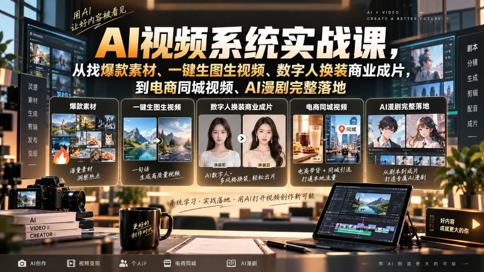 AI视频系统实战课,从找爆款素材、一键生图生视频、数字人换装商业成片,到电商同城视频、AI漫剧完整落地-网赚副业网