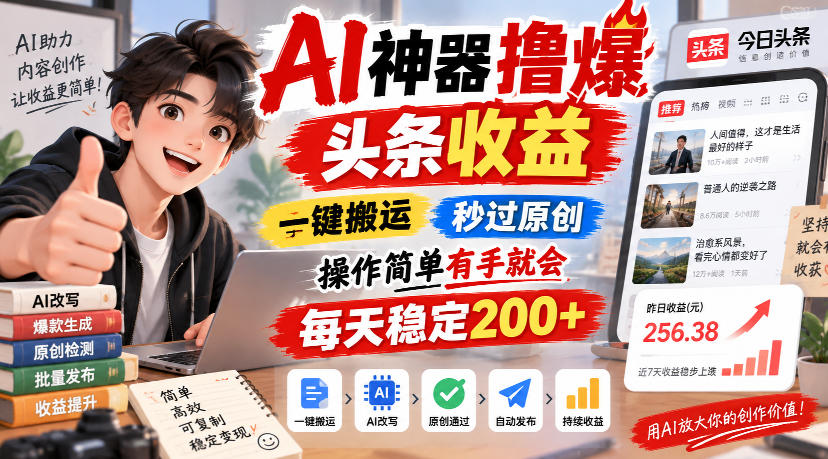 AI神器撸爆头条收益,一键搬运,秒过原创,操作简单有手就会,每天稳定200+【揭秘】-网赚副业网