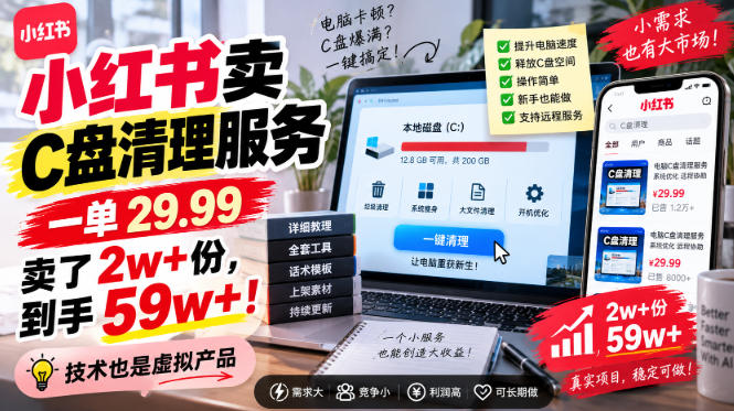 小红书卖C盘清理服务,一单29.99,卖了2w+份,技术也是虚拟产品-网赚副业网