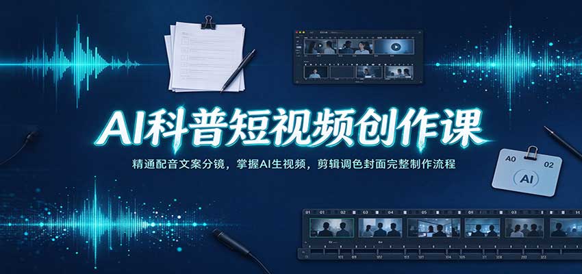 AI科普短视频创作课:精通配音文案分镜,掌握AI生视频,剪辑调色封面完整制作流程-网赚副业网