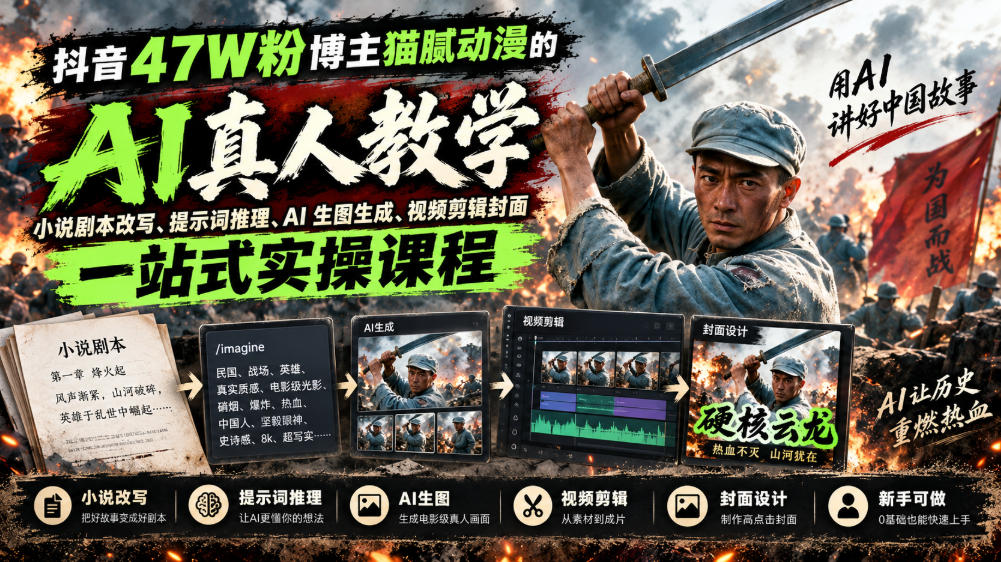 抖音47W粉博主猫腻动漫的AI真人漫剧教学，小说剧本改写、提示词推理、AI生图生成、视频剪辑封面一站式实操课程-网赚副业网