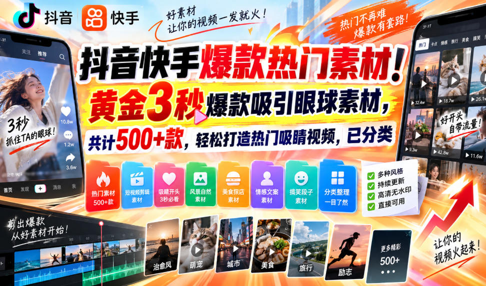 抖音快手爆款热门素材!黄金3秒爆款吸引眼球素材,共计500+款,轻松打造热门吸睛视频,已分类-网赚副业网