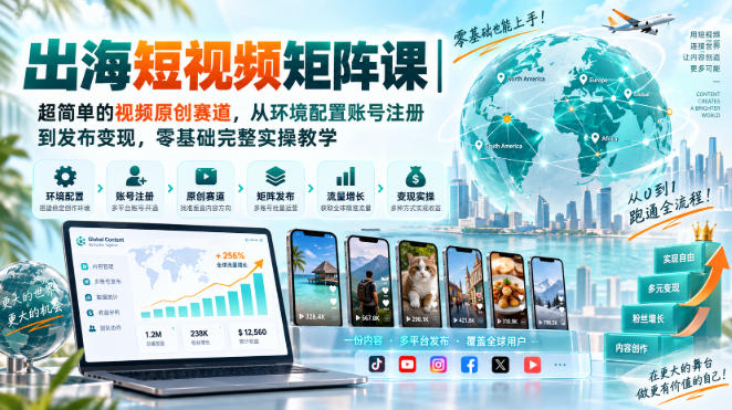 出海短视频矩阵课|超简单的视频原创赛道,从环境配置账号注册到发布变现,零基础完整实操教学-网赚副业网