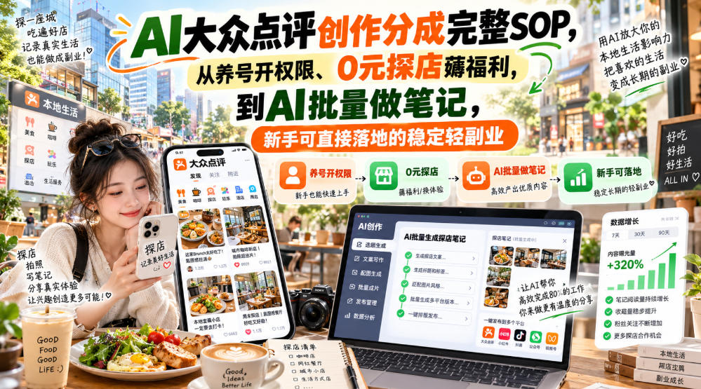 【无水印】AI大众点评创作分成完整SOP,从养号开权限、0元探店薅福利,到AI批量做笔记,新手可直接落地的稳定轻副业-网赚副业网