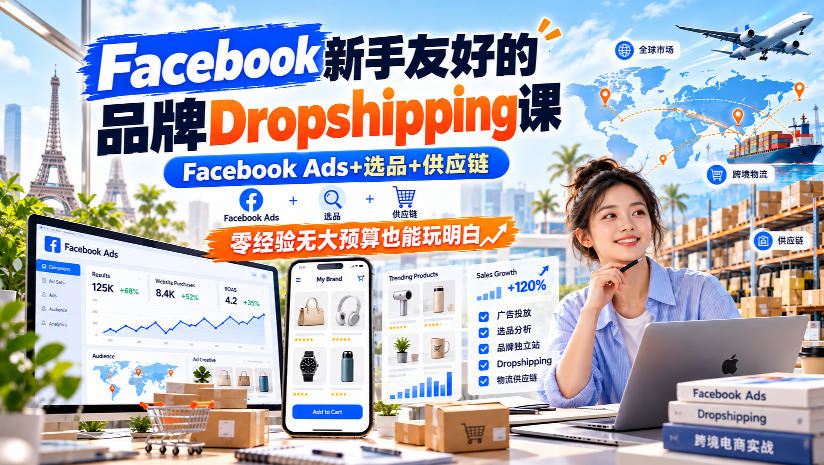 Facebook新手友好的品牌Dropshipping课,Facebook Ads+选品+供应链,零经验无大预算也能玩明白【原创双语字幕】-网赚副业网