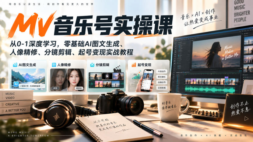 AI MV音乐号实操课,从0-1深度学习,零基础AI图文生成、人像精修、分镜剪辑、起号变现实战教程-网赚副业网