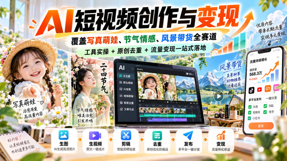 AI短视频创作与变现，覆盖写真萌娃、节气情感、风景带货全赛道，工具实操+原创去重+流量变现一站式落地-网赚副业网