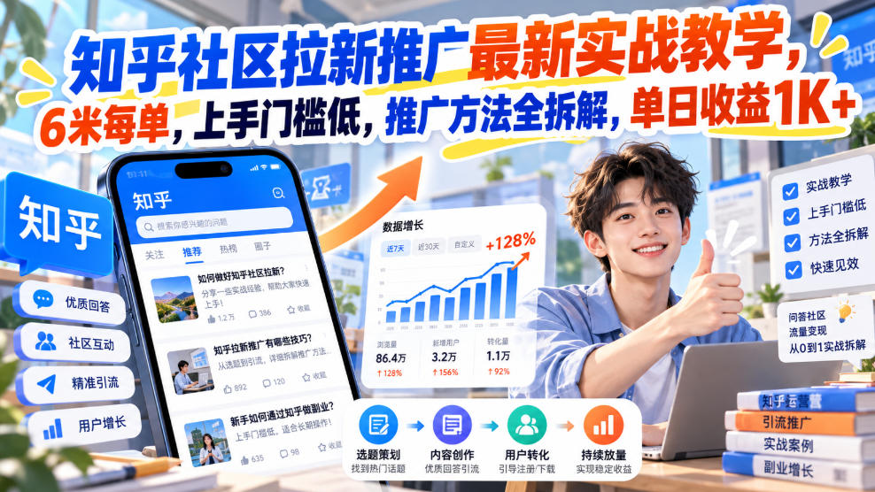 知乎社区拉新推广最新实战教学,6米每单,上手门槛低,推广方法全拆解,单日收益1K+!-网赚副业网