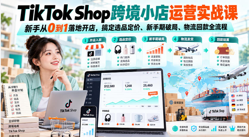 TikTok Shop跨境小店运营实战课,新手从0到1落地开店,搞定选品定价、新手期破局、物流回款全流程-网赚副业网