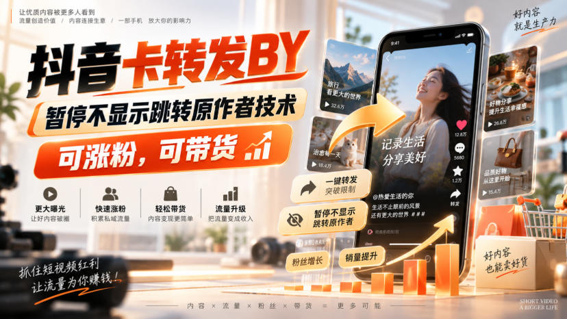 抖音卡转发搬运,暂停不显示跳转原作者技术,可涨粉,可带货-网赚副业网