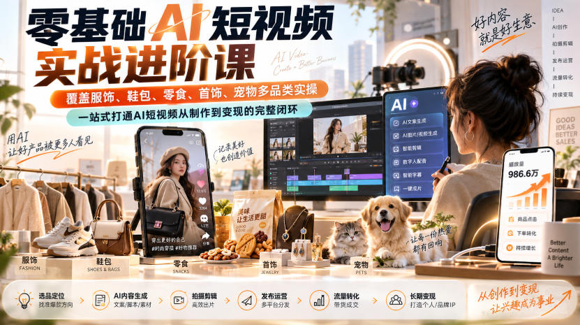零基础AI短视频实战进阶课,覆盖服饰、鞋包、零食、首饰、宠物多品类实操,一站式打通AI短视频从制作到变现的完整闭环插图 零基础AI短视频实战进阶课,覆盖服饰、鞋包、零食、首饰、宠物多品类实操,一站式打通AI短视频从制作到变现的完整闭环插图
