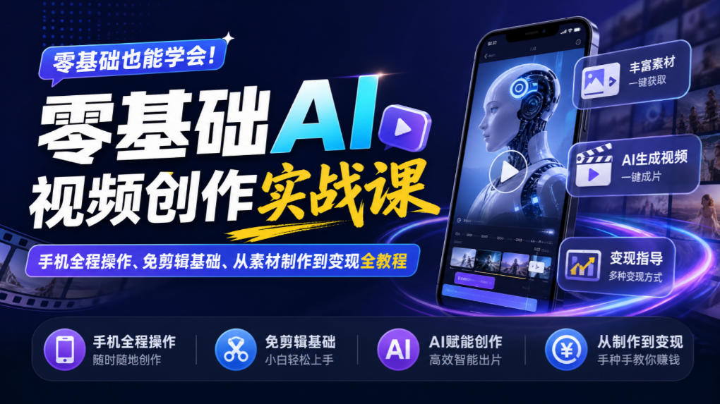 零基础AI视频创作实战课|手机全程操作、免剪辑基础、从素材制作到变现全教程-网赚副业网