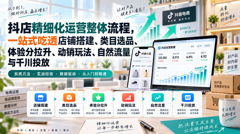 李哥电商-抖店精细化运营整体流程，一站式吃透店铺搭建、类目选品、体验分拉升、动销玩法、自然流量与千川投放-网赚副业网