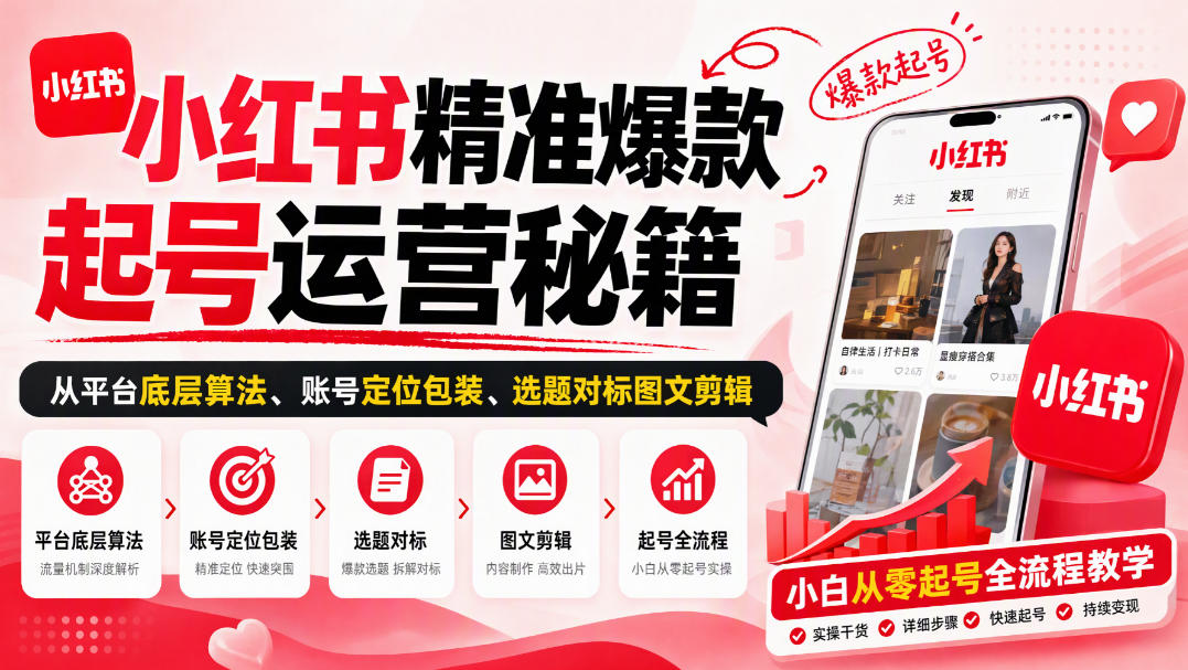 小红书精准爆款起号运营秘籍，从平台底层算法、账号定位包装、选题对标图文剪辑，小白从零起号全流程-网赚副业网