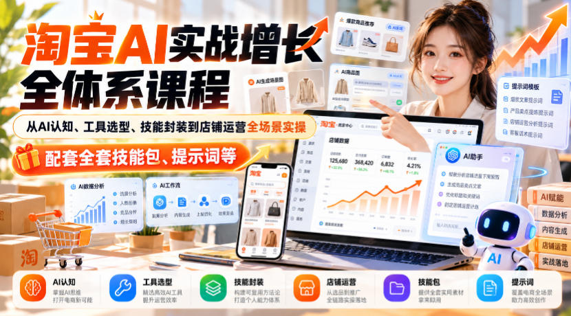淘宝AI实战增长全体系课程,从AI认知、工具选型、技能封装到店铺运营全场景实操,配套全套技能包、提示词等-网赚副业网