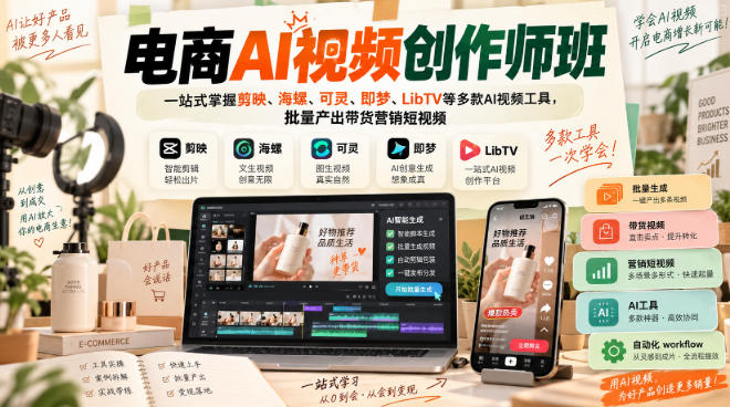 电商AI视频创作师班,一站式掌握剪映、海螺、可灵、即梦、LibTV等多款AI视频工具,批量产出带货营销短视频-网赚副业网