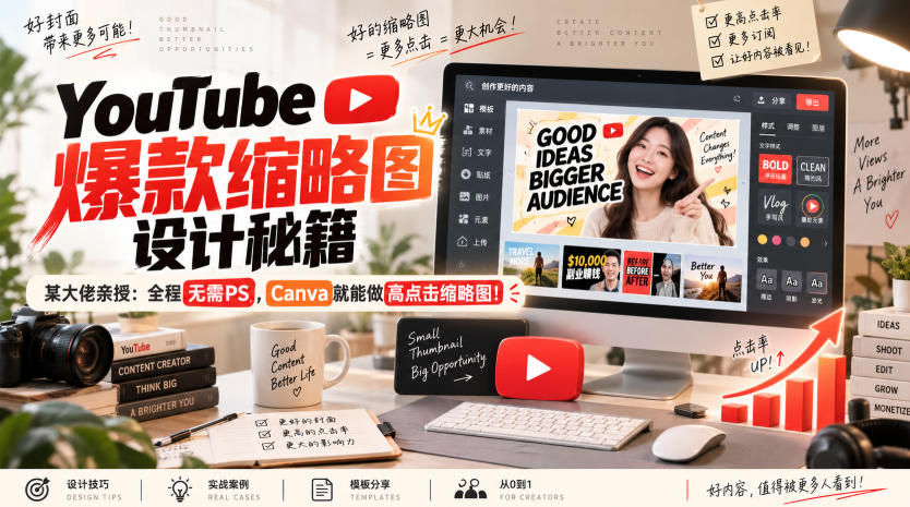 YouTube爆款缩略图设计秘籍,某油管大佬(610万订阅者)亲授,全程无需PS,Canva就能做高点击缩略图!【原创双语字幕】-网赚副业网