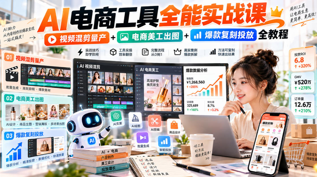 AI电商工具全能实战教学，视频混剪量产+电商美工出图+爆款复刻投放全教程​-网赚副业网