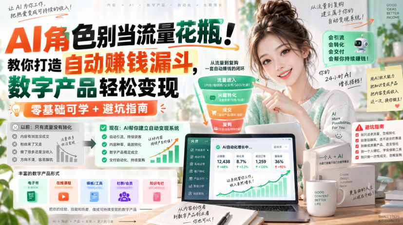 AI角色别当流量花瓶!教你打造自动賺钱漏斗,数字产品轻松变现(零基础可学+避坑指南)【原创双语字幕】-网赚副业网