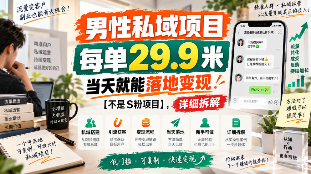 男性私域项目,每单29.9米,当天就能落地变现【不是S粉项目】,详细拆解-网赚副业网