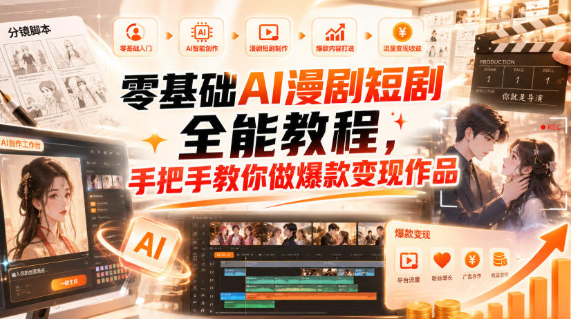零基础AI漫剧短剧全能教程,从AI智能体搭建、文案脚本分镜、多平台AI生视频、剪映精修,覆盖全题材创作,手把手教你做爆款变现作品-网赚副业网