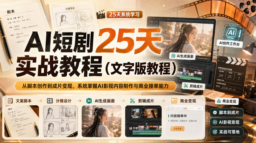 AI短剧25天实战教程(文字版教程),从脚本创作到成片变现,系统掌握AI影视内容制作与商业接单能力-网赚副业网