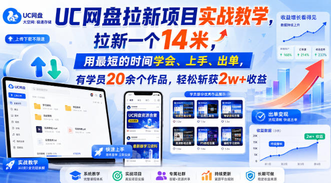 UC网盘拉新项目实战教学,拉新一个14米,用最短的时间学会、上手、出单,有学员20余个作品,轻松斩获2w+收益-网赚副业网
