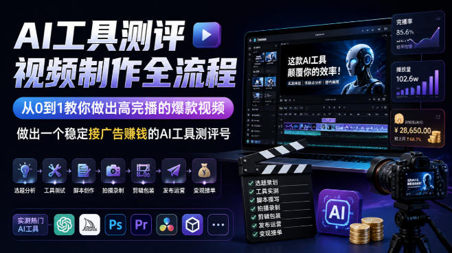 AI工具测评视频制作全流程,从0到1教你做出高完播的爆款视频,做出一个稳定接广告賺钱的AI工具测评号-网赚副业网