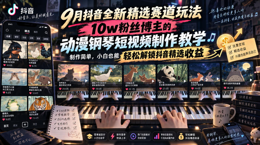 9月抖音全新精选赛道玩法，10w粉丝博主的动漫钢琴短视频制作教学，制作简单，小白也能轻松解锁抖音精选收益-网赚副业网