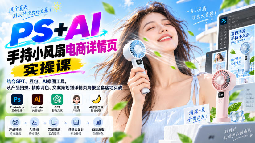 PS+AI手持小风扇电商详情页实操课|结合GPT、豆包、AI修图工具,从产品拍摄、精修调色、文案策划到详情页海报全套落地实战-网赚副业网