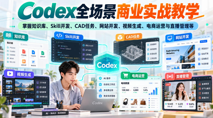 【无水印】Codex全场景商业实战教学，掌握知识库、Skill开发、CAD任务、网站开发、视频生成、电商运营与直播管理等-网赚副业网