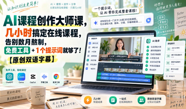 AI课程创作大师课,几小时搞定在线课程,告别数月熬制,免费工具+1个提示词就够了!【原创双语字幕】-网赚副业网