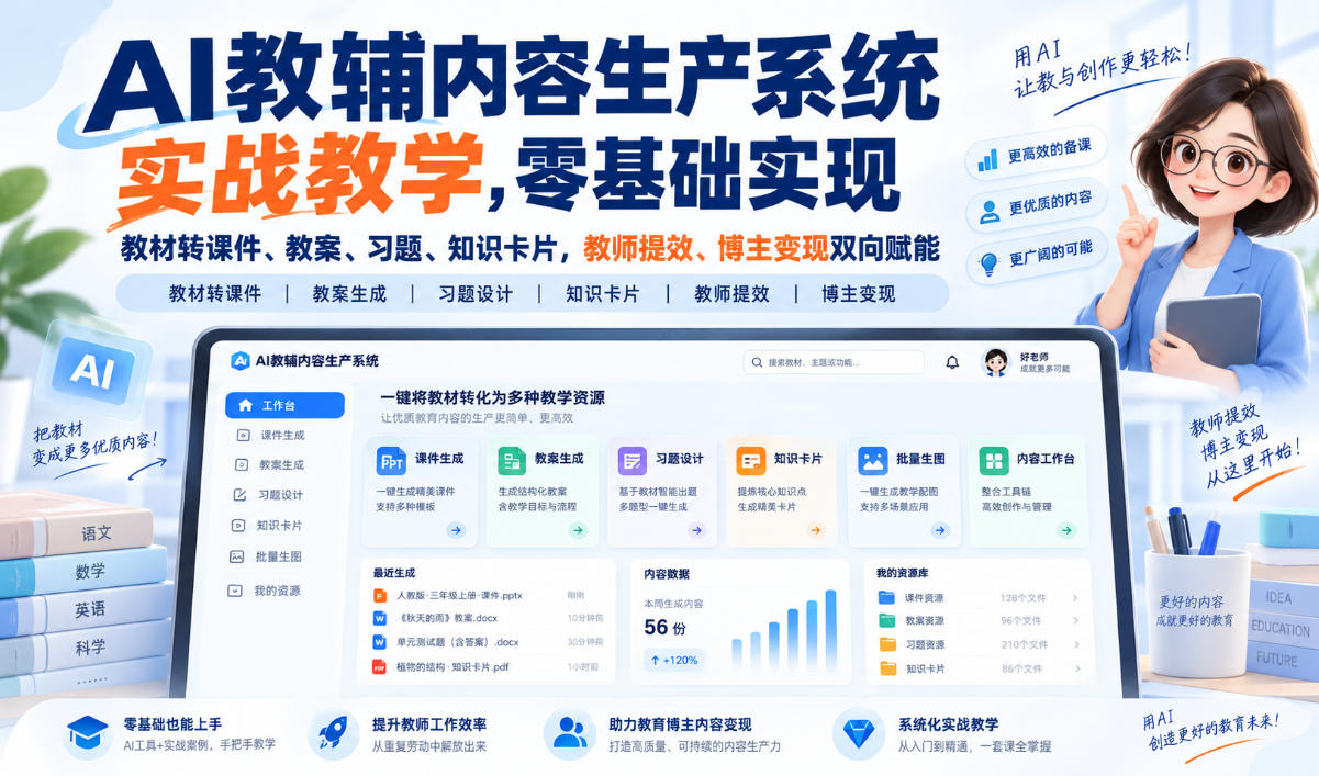 AI教辅内容生产系统实战教学,零基础实现教材转课件、教案、习题、知识卡片,教师提效、博主变现双向赋能-网赚副业网